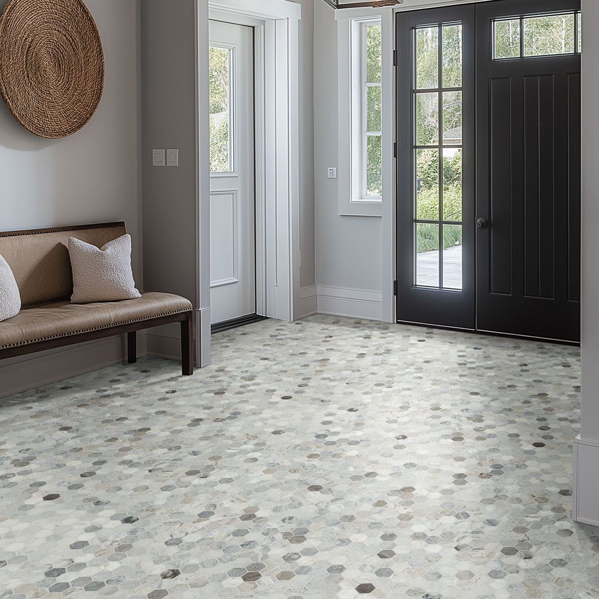 Capri Blue Hexagon Mosaic Tile backsplash in a entryway